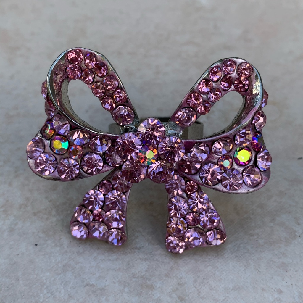 Statement Silver Tone Pink Crystal Bow Adjustable Size Ring 15$